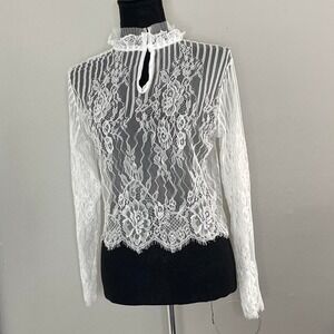 White lace long sleeve top with button smock neck